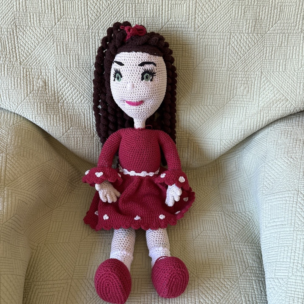 Handmade Crochet Amigurumi Doll 23" Red Dress Brown Curly Hair Green EyeFolk Art